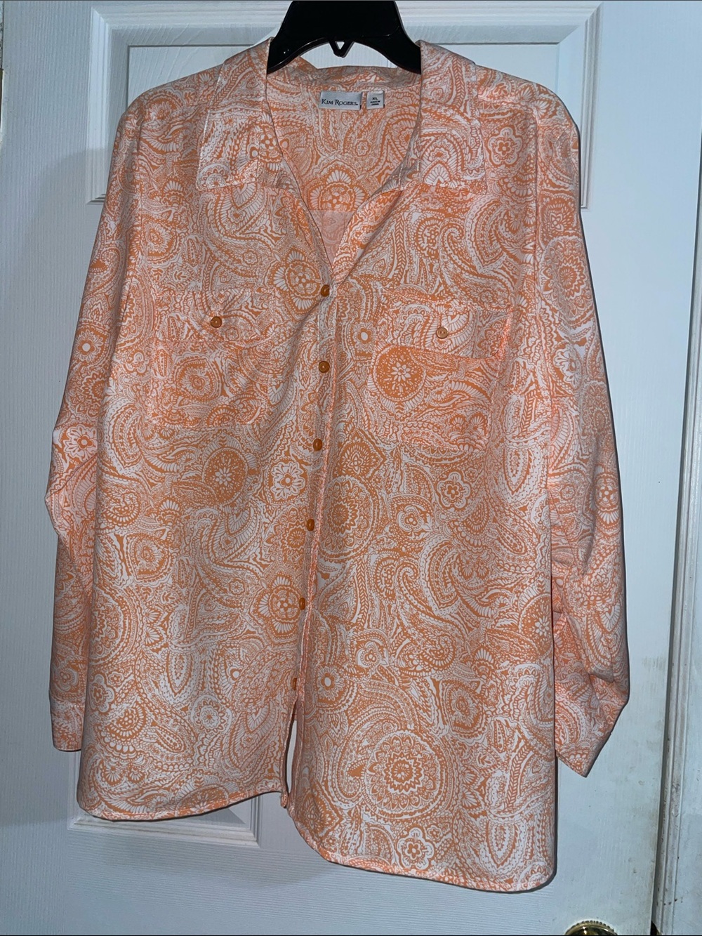 NWOT Button Up Blouse Kim Roger’s Size XL Peach White Button Sleeve